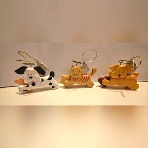 Set of 3 Vintage Wood Folk Art Angel Cat & Dog Christmas Ornaments